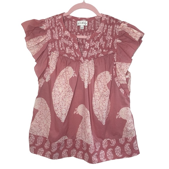WONDERLY Dusty Rose Paisley Flutter Sleeve Cotton Top, Small - Picture 1 of 9